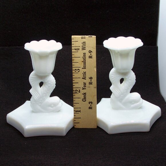VTG - A pair of Milk Glass, Westmoreland Koi/Dolphin, Candlestick Holders - Picture 2 of 9